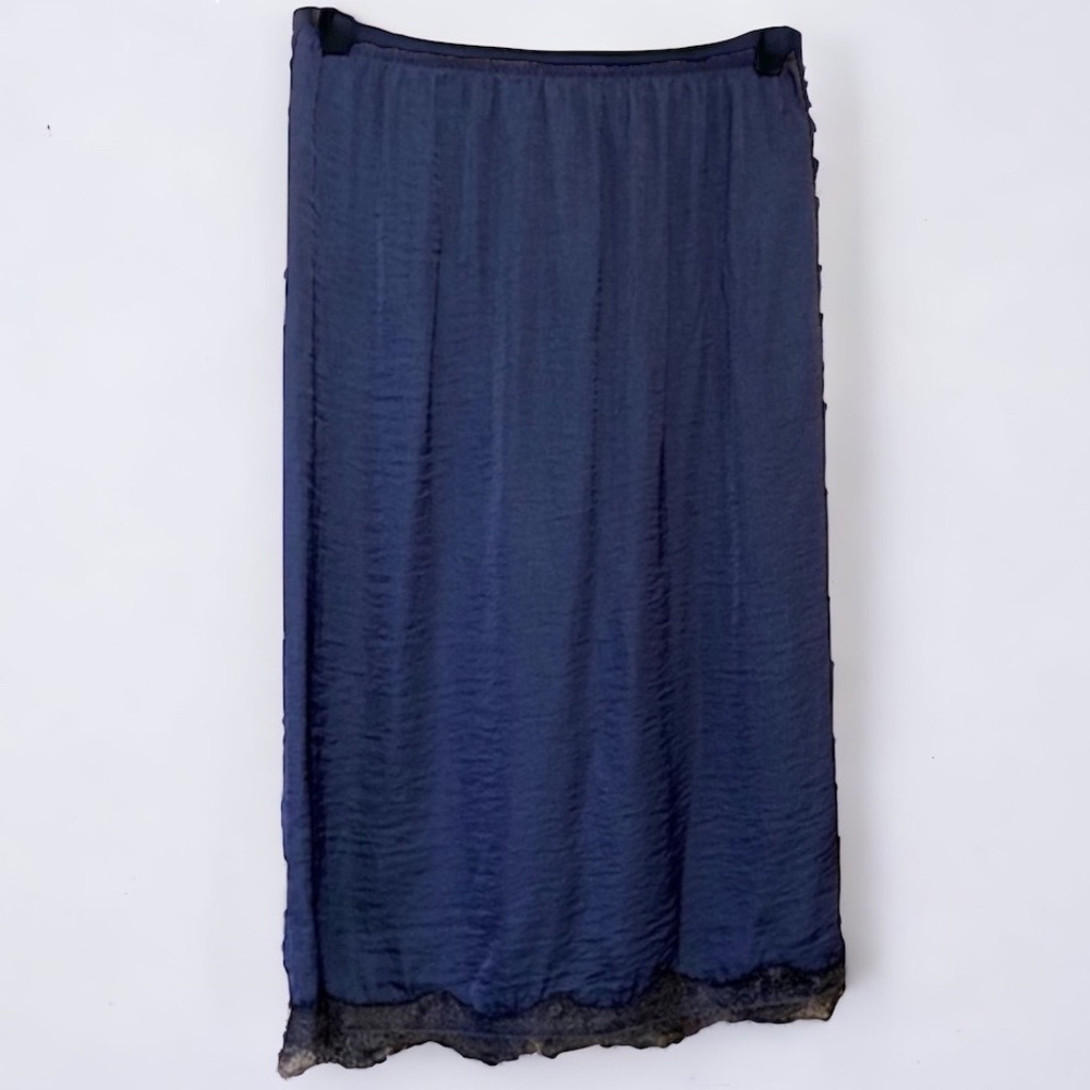 Aerie Silky Midnight Blue Slip Skirt Black Lace Trim Size Medium